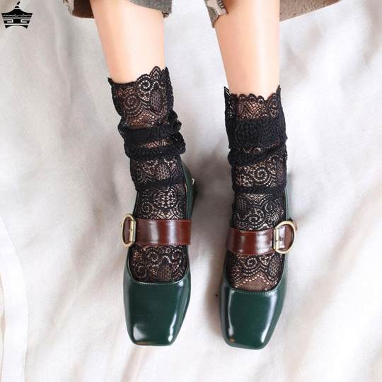 Black Lace Socks Women's Lace Japanese Style Mid-Calf Socks Sexy Korean Cute Long Pile Socks Mesh Thin Trendy Socks
