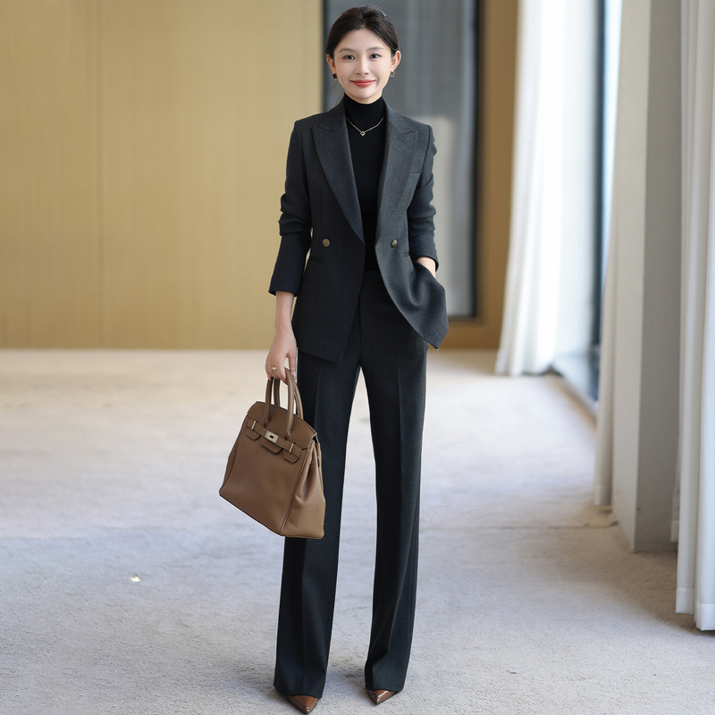 High-End Wool Suit Set for Women, Black and Gray, New Business Commuter Slim-Fit Professional Style Blazer