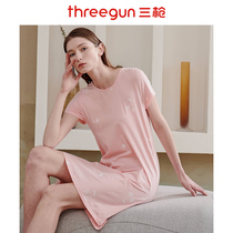 Three-shot long-staple cotton round neck short-sleeved home dress womens summer Korean version of loose girl pajamas printed sweet nightgown thin