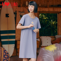 Three gun nightgown women cotton loose thin home dress short sleeve round neck pajamas large size middle skirt casual skirt summer