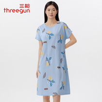 Triple Gun Sleeping Skirt Woman Summer New 50 Comfort Cotton Round Collar Short Sleeves Slim printed Home Skirt Home Dress