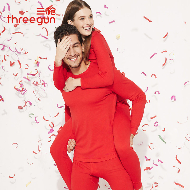 Three guns natal year thermal underwear suit men's thickened autumn clothes and long johns pure cotton female big red wedding year of the tiger