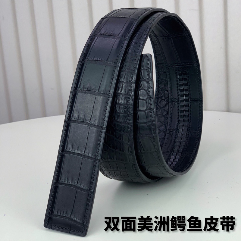 Double-Sided American Alligator Leather Belt for Men, Genuine Leather Without Buckle, High-End Hand-Stitched Crocodile Leather Belt Without Buckle