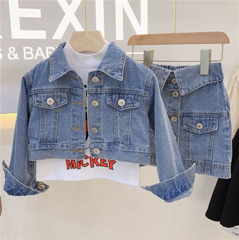 Quần áo trẻ em Hàn Quốc 2019 mùa thu cho bé gái denim châu Âu và Mỹ + áo khoác denim cạp cao - Phù hợp với trẻ em