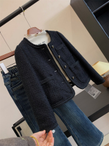 Welfare autumn and winter girls clothing high-end Hepburn style woolen single-breasted round-neck tweed jacket