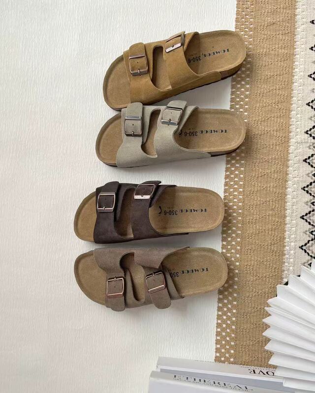 Tombor2026 New Retro Belt Buckle Flat Sandals for Women, Slip-On Beach Open-Toe Slippers