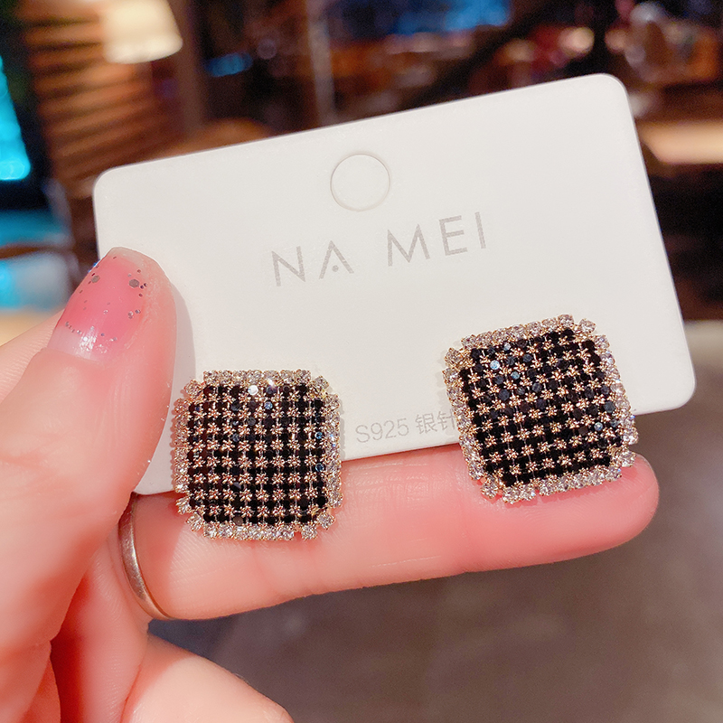 Net red with the same black square full diamond ear pin female French high-end temperament earrings s925 silver needle light luxury earrings