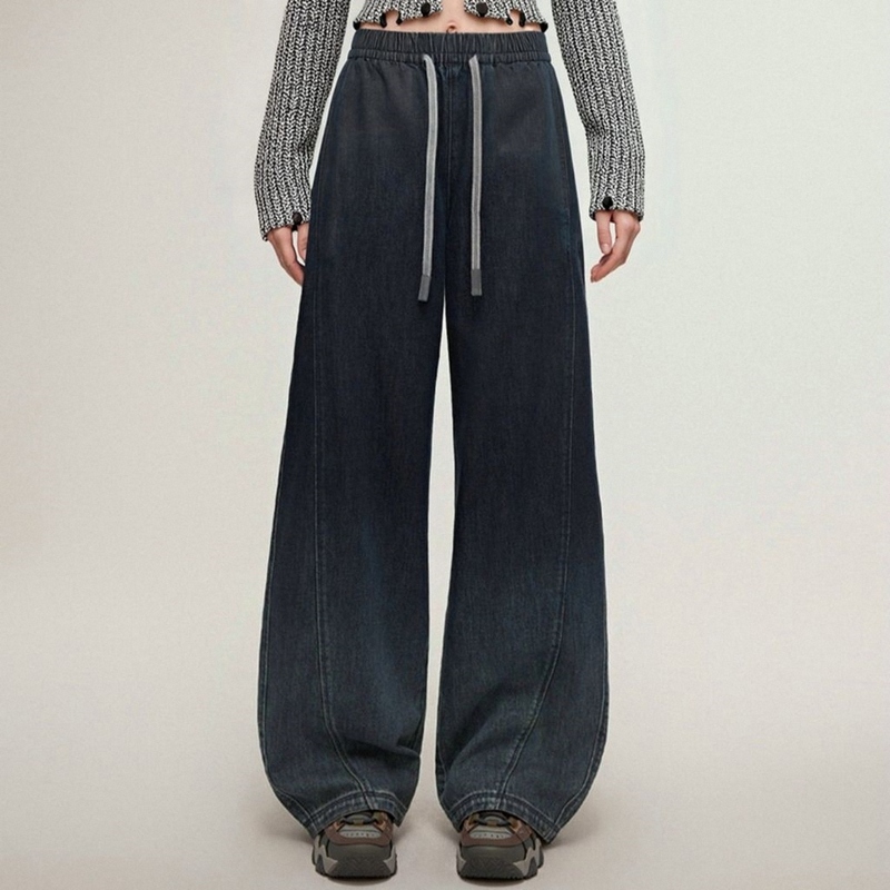 2026 New Style Scimitar Pants with Gradient Drawstring Elastic Waist Loose Jeans for Women 125432089J36