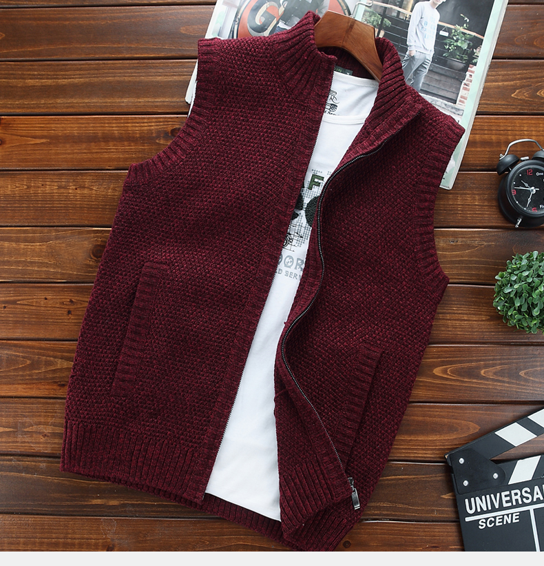 Áo len nam không tay đứng cổ áo màu rắn áo len Vest Vest Vest nam mùa thu / mùa đông cao cổ Zipper Zipper Jacket áo cardigan nam