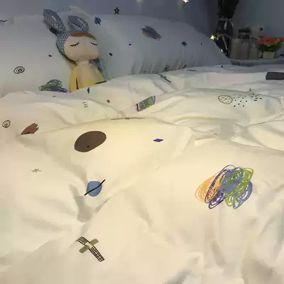 Abstract literary and artistic graffiti four-piece cotton pure cotton beige bottom simple ins style student single apartment quilt cover