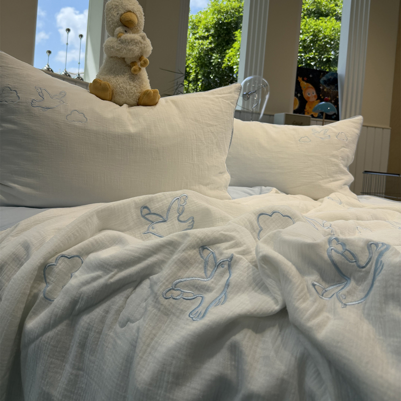Class a Double-Layer Gauze Towel Embroidered Blue Seagull Summer Quilt Four-Piece Set Girly Air-Conditioning Quilt Summer Thin Quilt