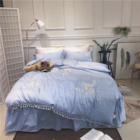 Bông satin giường thêu váy một gia đình bốn Hàn Quốc công chúa gió bông hồng giường lanh 1.5m1.8 - Bộ đồ giường bốn mảnh chăn ga khách sạn