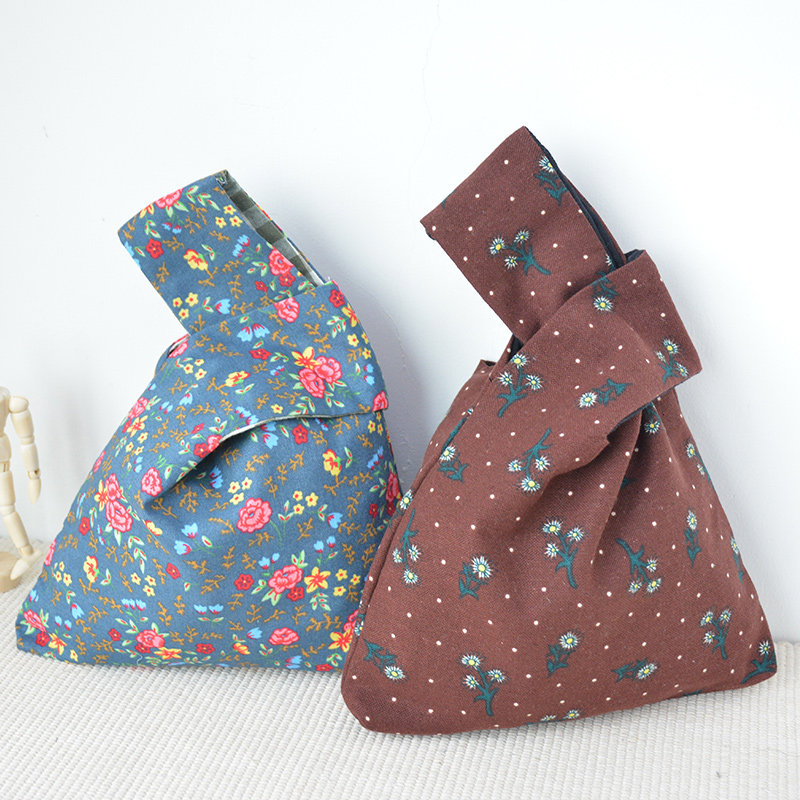Cotton and linen wrist bag literary retro floral tote bag knotted hand bag mobile phone bag loose change bag