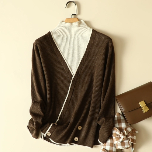 Весенний цветной трикотажный комплект, приятный телу модный свитер, высокий воротник, в западном стиле