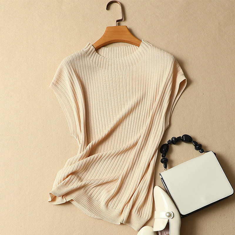 2022 spring new Korean version ice silk sweater short-sleeved women's drawstring top round neck loose T-shirt bottoming shirt thin