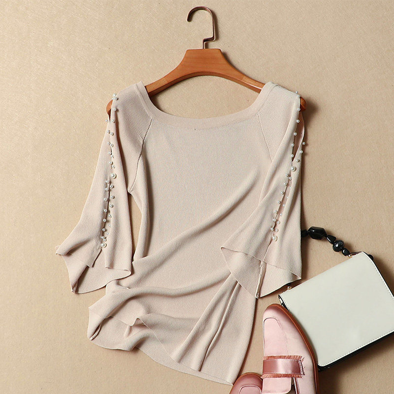 Short-sleeved t-shirt women's summer dress 2022 new women's ice silk knitted sweater slim short pullover beaded top women's tide