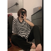 viiwen stripes lazy black and white strip design sense asymmetric oversize loose short sleeve T-shirt