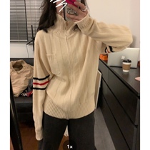viiwen A glass of American rice almond colour coloured baseball - style sweater Zipper long - sleeved knitted coat