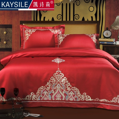 Đám cưới châu Âu bốn mảnh lớn màu đỏ đám cưới giường tấm được đóng gói đơn giản thêu mới cưới giường Bộ dụng cụ thêu