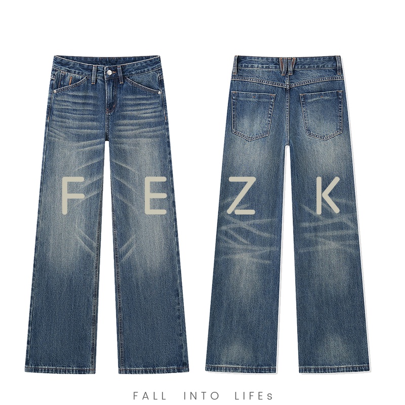 Fezk Explore•Classic Deep and Light Gradient Blue Tone, Three-Dimensional Whiskered Wide-Leg Pants, Slimming and Slightly Wide Straight-Cut Fl176