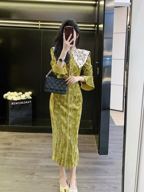 Leathercat Velvet Bodycon Dress Women's Autumn and Winter New Style High-End Elegant Waist-Slimming Long Dress Leathercat Velvet Bodycon Dress Women's Autumn and Winter New Style High-End Elegant Waist-Slimming Long Dress
