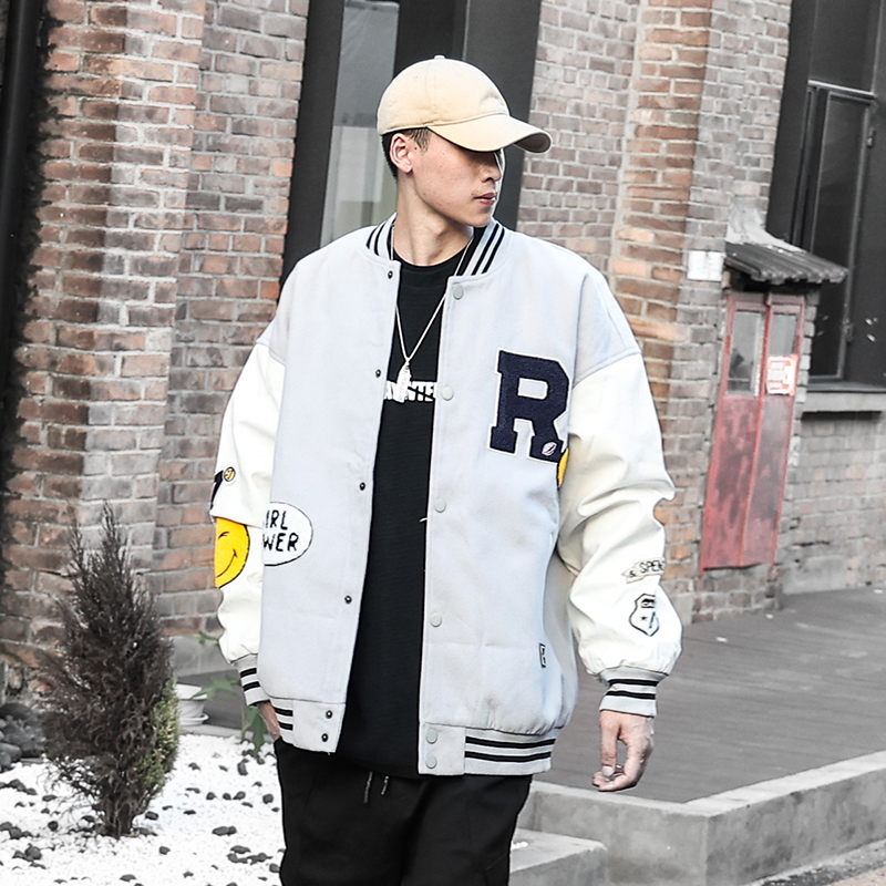 Autumn New Baseball Uniform Men's Couple Trendy Brand Loose Jacket Women's Towel Embroidered Smiley Face Labeling Casual Coat Trendy