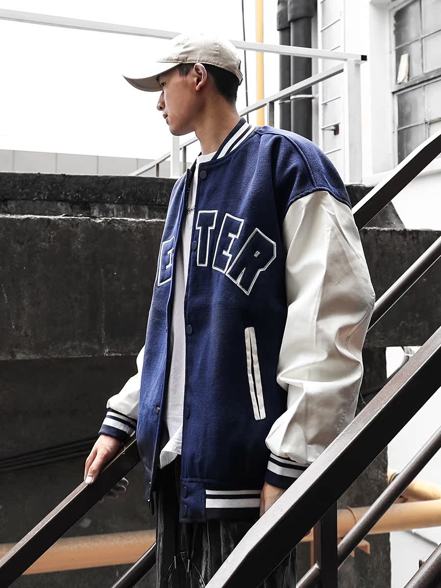 Autumn new baseball uniform men's tide brand high street letters embroidery woolen stitching PU leather jacket loose casual jacket