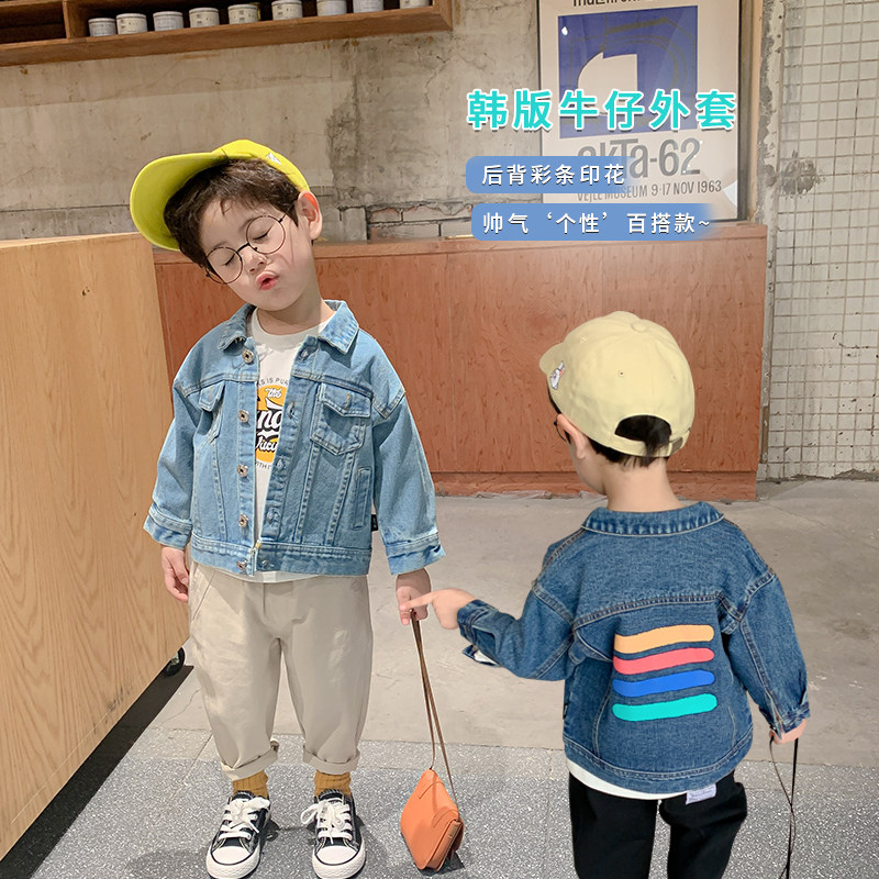 Children 2021 Spring Boy Jeans Jacket Han Version Children's Clothing Printed Baby Denim Clothing The Children Foreign Pie Tide