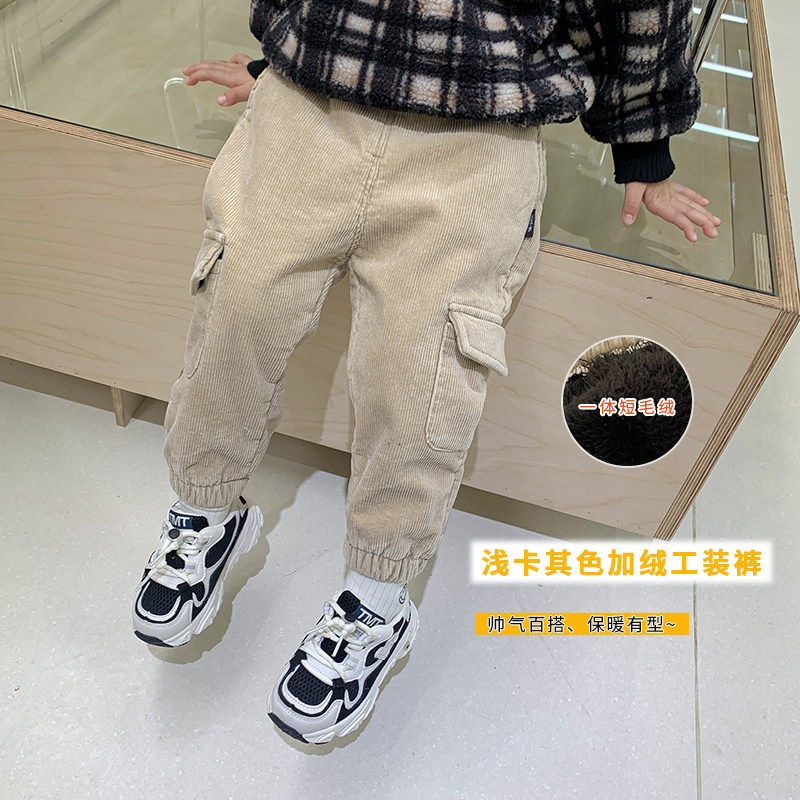 2020 Winter boy Works pants Male baby Cavet Thickened Light Core Suede Children Suit Winter Style Integrated Suede Trousers