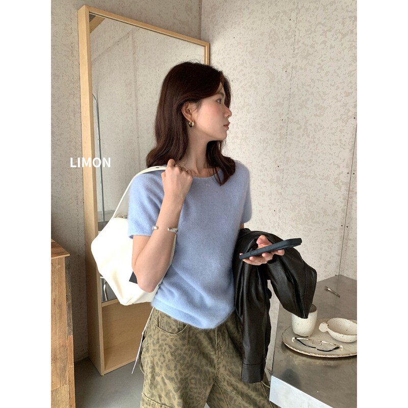 The Limon Lemon Green Tea Versatile Round Neck Short Sleeve Knitted Sweater for Women Slimming Sweater The Limon Lemon Green Tea Versatile Round Neck Short Sleeve Knitted Sweater for Women Slimming Sweater