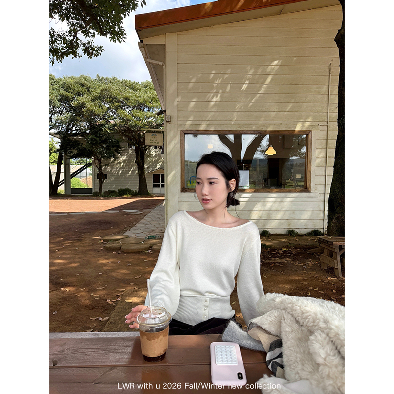 Lwr with U Korean Women's Formula Versatile Off-Shoulder Pullover Button Design Sweater Lantern Sleeve Knit Top