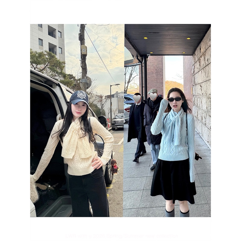 Lwr with U Spring Park Korean-Style Round-Neck Twisted Cable Knit Age-Reducing Sweater with Scarf Casual Knitwear