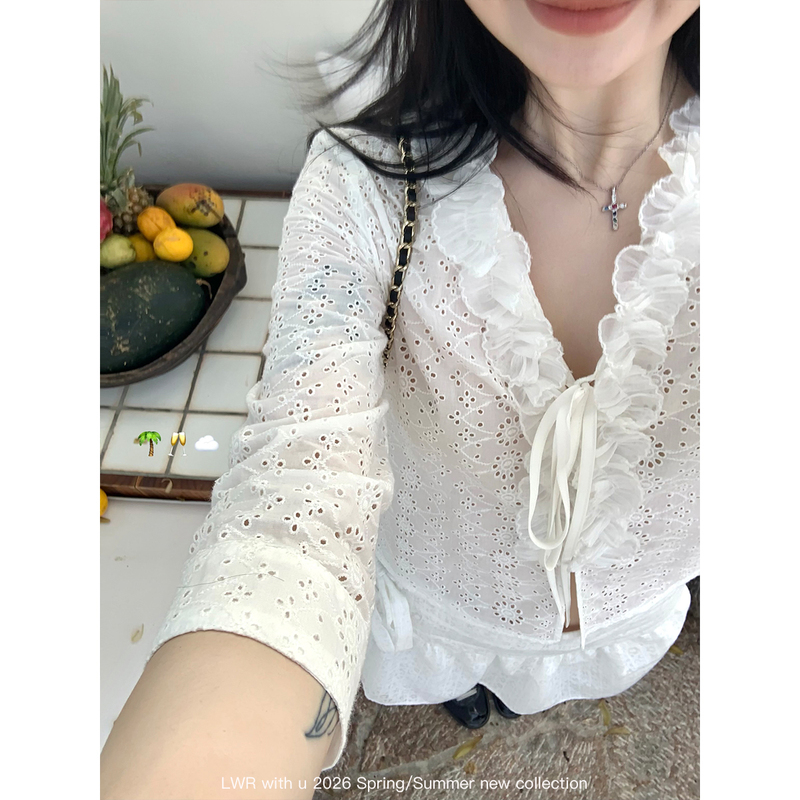 Lwr with U Little Daisy Korean Style V-Neck Ruffled Elegant Blouse with Three-Quarter Sleeves Jacquard Top for Summer