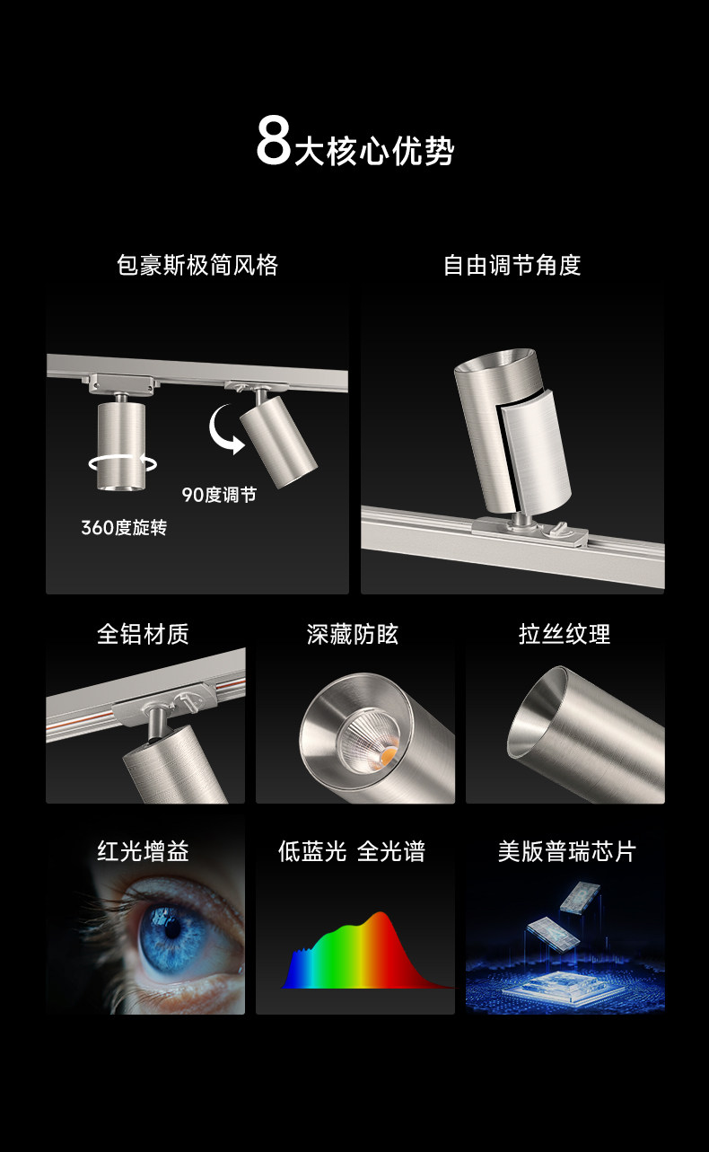 不锈钢轨道灯明装包豪斯轨道射灯led银色中古防眩客厅智能无主灯 图文详情 8