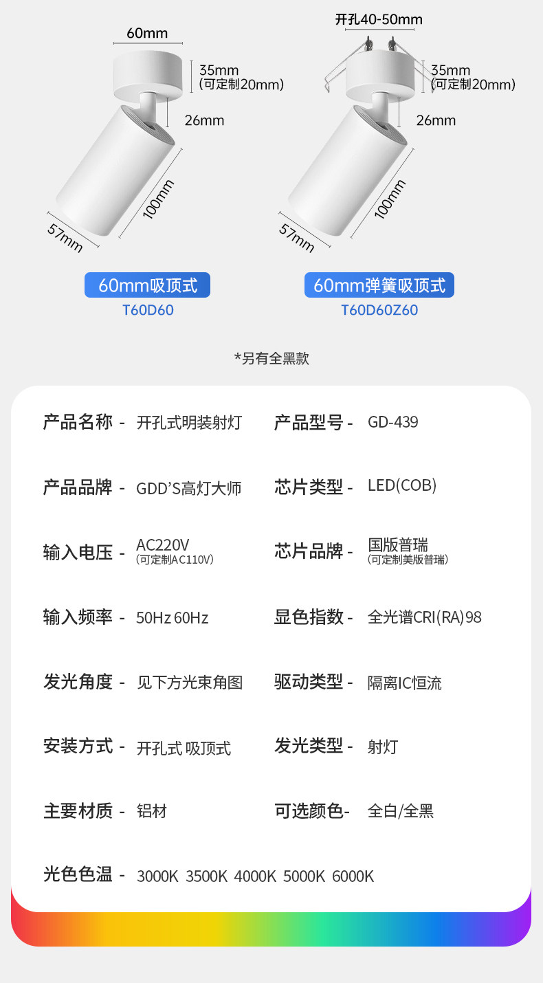明装射灯吸顶开孔式led天花灯cob轨道灯可调角度床头象鼻灯无主灯 图文详情 20