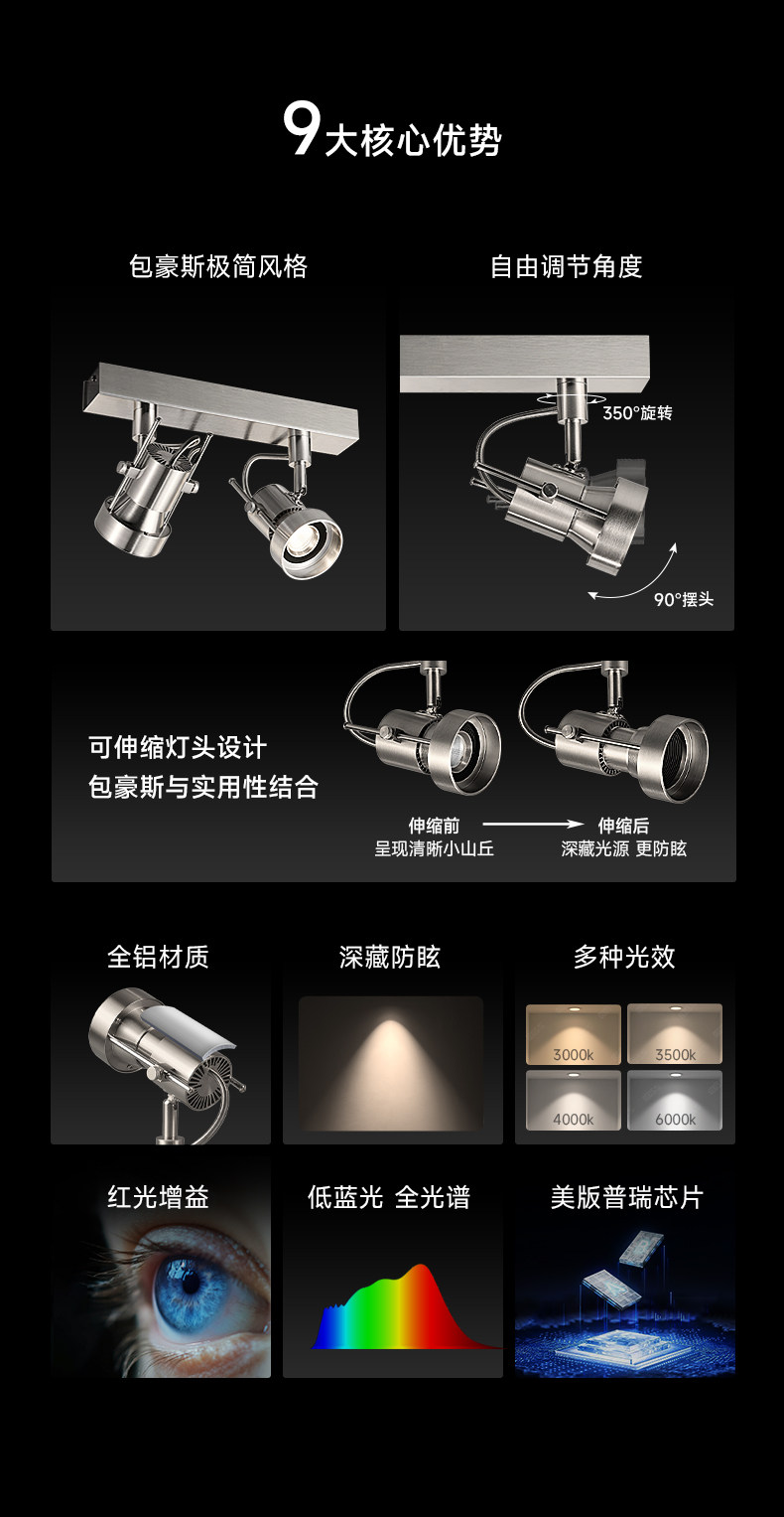 包豪斯双头射灯明装不锈钢银色三头免开孔防眩客厅工业照画洗墙灯 图文详情 7