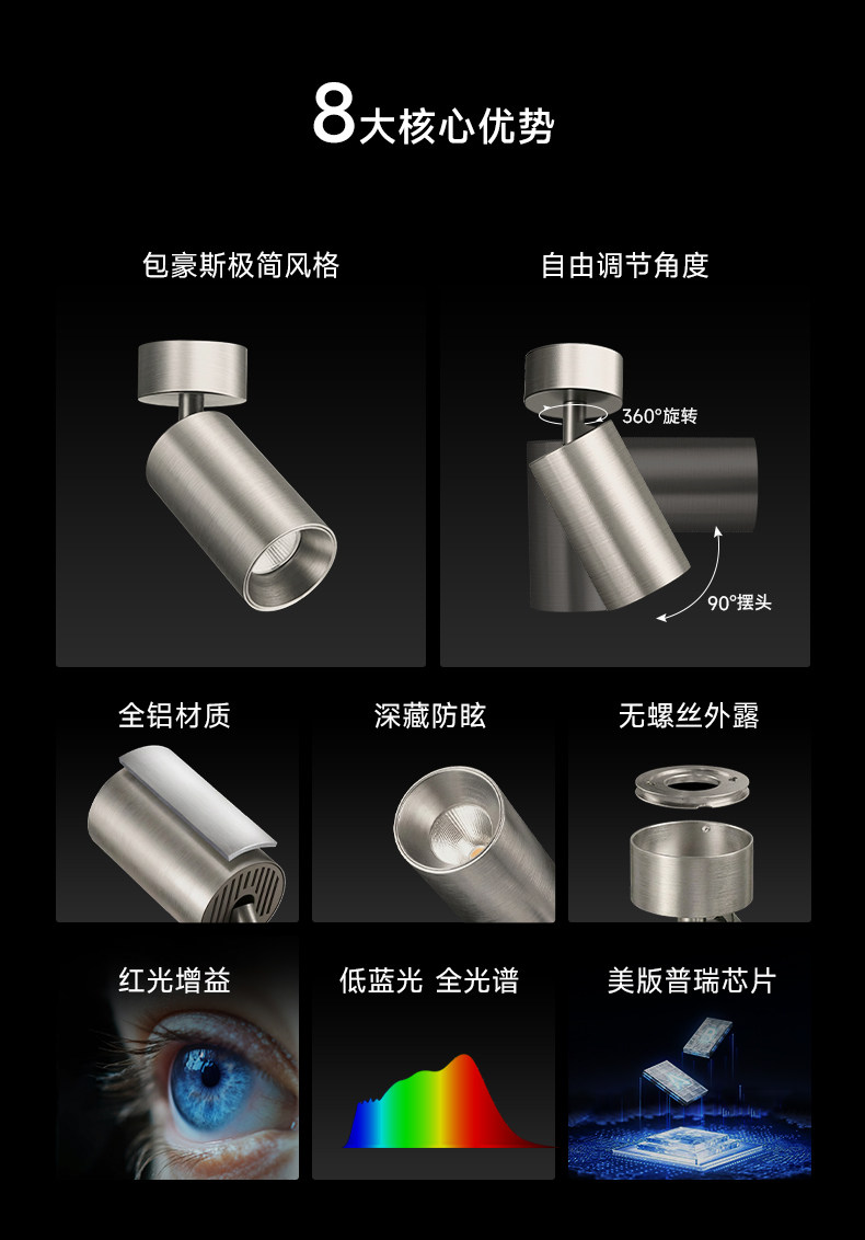 明装射灯不锈钢包豪斯银色可调节角度吸顶灯免打孔中古工业无主灯 图文详情 9