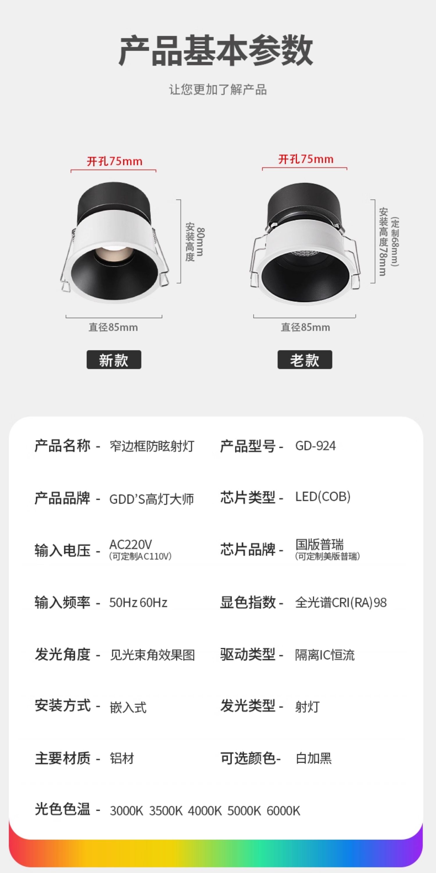 嵌入式射灯led无主灯深防眩目家用吊顶高显色射灯天花黑白色洗墙 图文详情 23