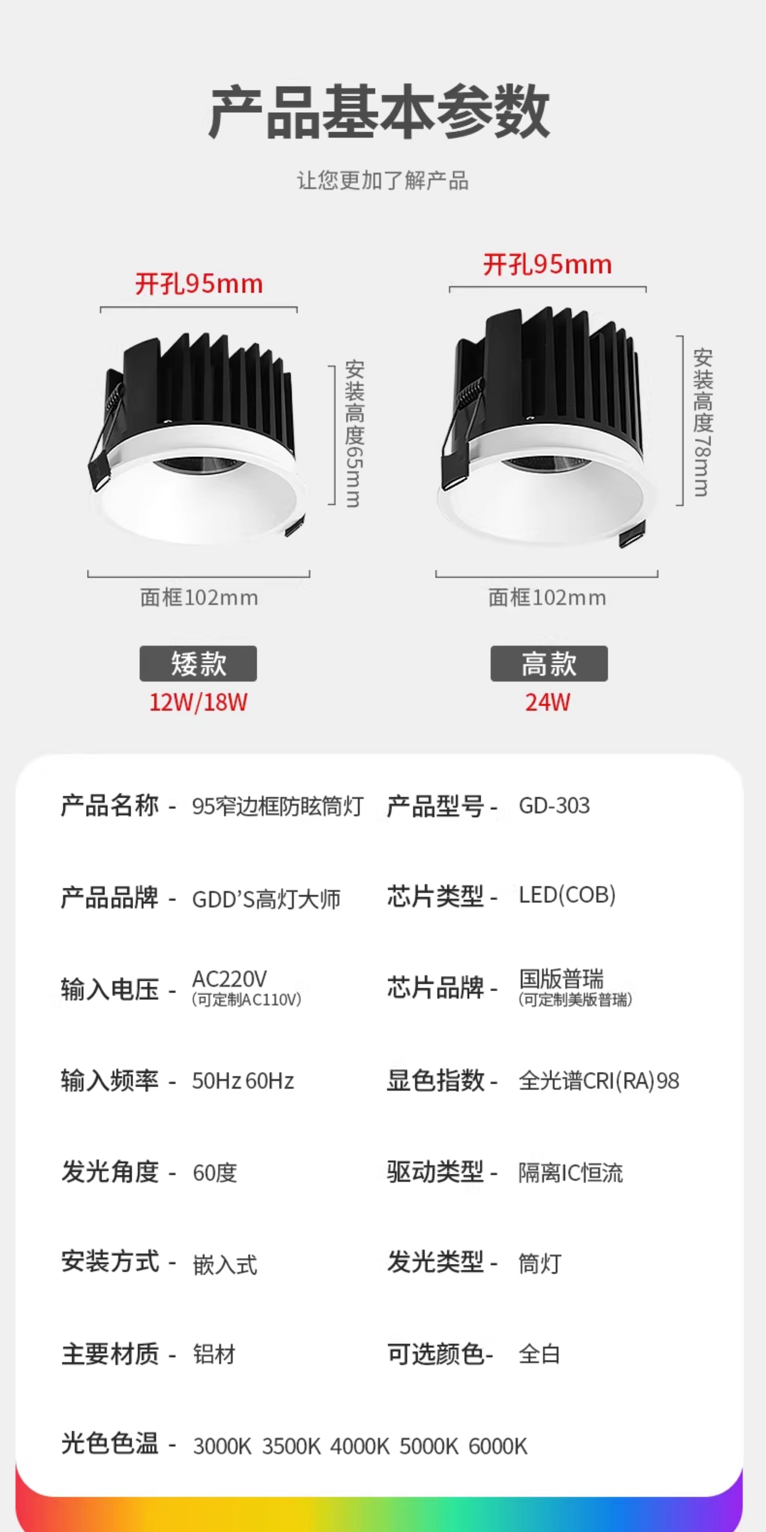 嵌入式筒灯95mm开孔全光谱防眩窄边18W24W高显指LED家用吊顶商用 图文详情 18