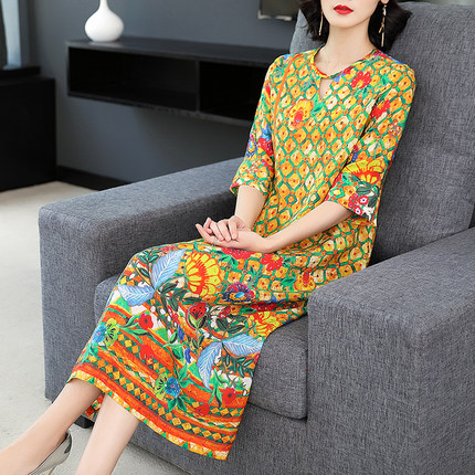 欧洲站2018夏装新款重磅真丝连衣裙复古中长