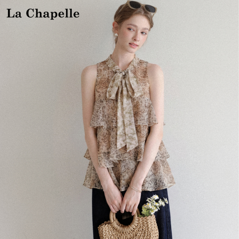La Chapelle Multi-Layered Ruffled Halter Neck Sleeveless Tank Top Women's Summer Bow Tie Off-Shoulder Blouse Top
