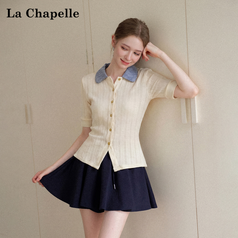 La Chapelle Apricot-Colored Collared Knit Short-Sleeve T-Shirt for Women, Summer Plaid Hollow-Out Top, Regular Shoulder Cardigan Shirt La Chapelle Apricot-Colored Collared Knit Short-Sleeve T-Shirt for Women, Summer Plaid Hollow-Out Top, Regular Shoulder Cardigan Shirt