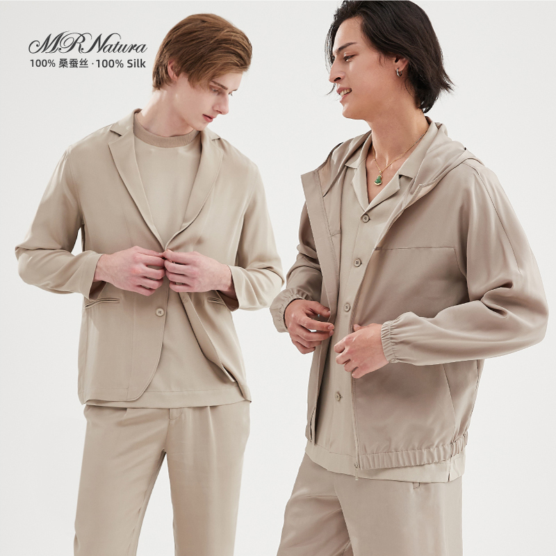 100% Mulberry Silk Stretch Crepe Suit Jacket, Silk Hooded Jacket, Electric Spun Casual Pants, Solid Color Suit, Summer