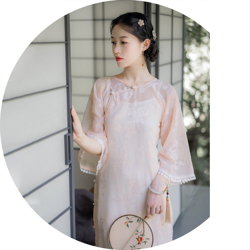Xiao Gongzi) Wei Xia) summer new retro loose chiffon collarless cheongsam dress full open QP133