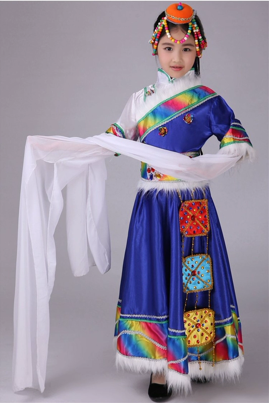 Trẻ em mới Tây Tạng tay áo biểu diễn múa trang phục trẻ em Mông Cổ trang phục biểu diễn trang phục cô gái biểu diễn quần áo sân khấu - Trang phục