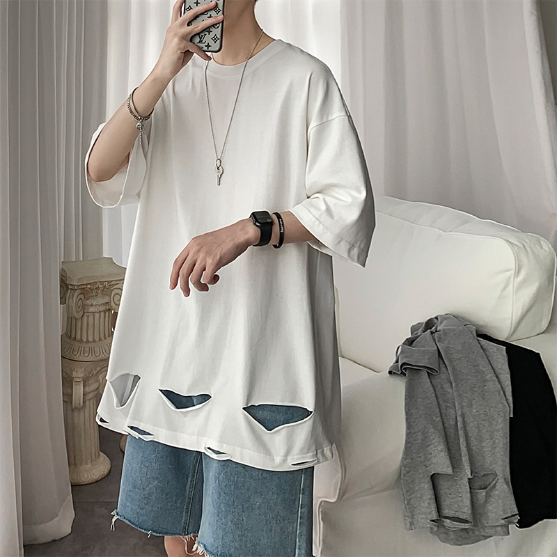Super fire cec short sleeve men's trend brand ins Hong Kong wind Harajuku loose Joker 2020 net red solid color hole T-shirt