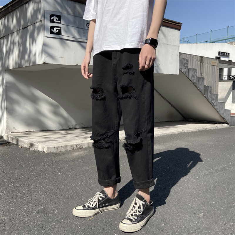 Broken jeans men's straight loose nine-point tide brand trend ins Hong Kong style Joker summer beggar pants thin