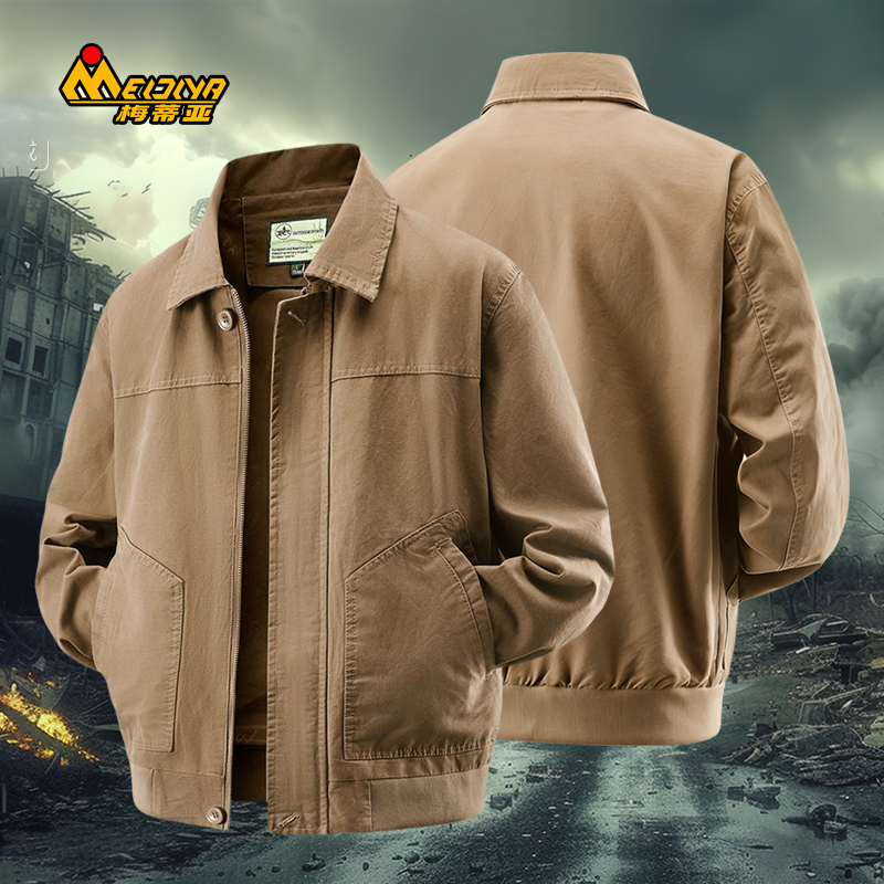 Media Pure Cotton Washed Flight Jacket for Men, Spring and Autumn, Large Size, Thin Style, Turn-Down Collar, Wrinkle-Resistant, Durable Workwear, Trendy