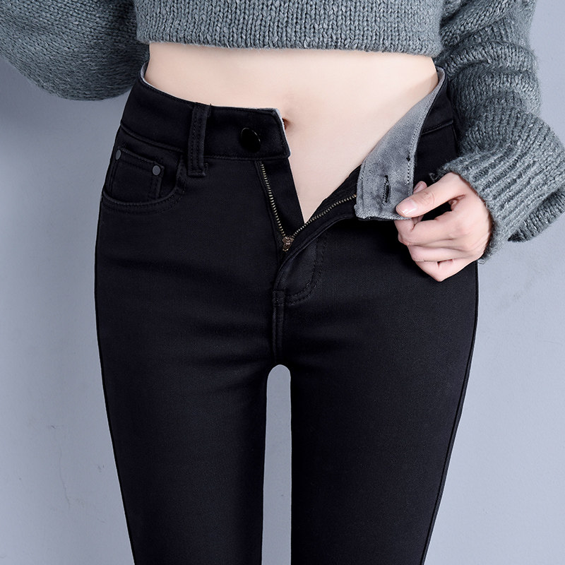 Hafted jeans high waist winter black thickening and thin and thin, high outwear elastic small pants nine pants
