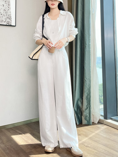 Old Money Style Linen Shirt Suit for Women 2025 Summer New Casual Loose Sun Protection Wide-Leg Pants Two-Piece Set